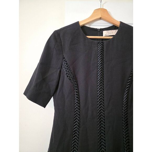 LELA ROSE Black Woven Lace Panel Short Sleeve Godet Hem A-Line Dress 10 - Picture 2 of 10